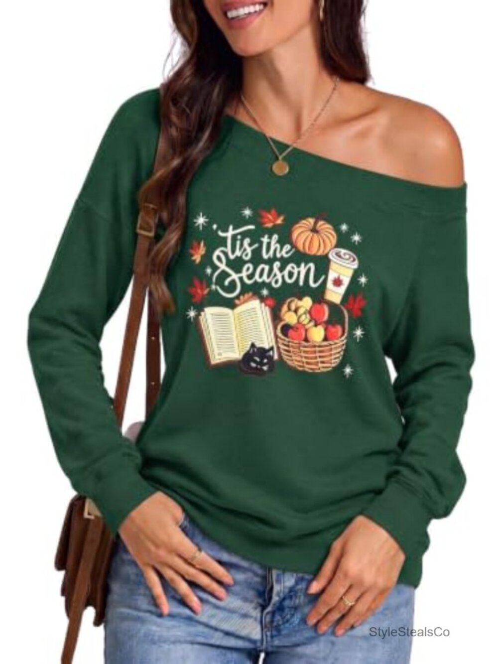 Off Shoulder Long Sleeve Graphic T-Shirt Fall Thanksgiving Tee